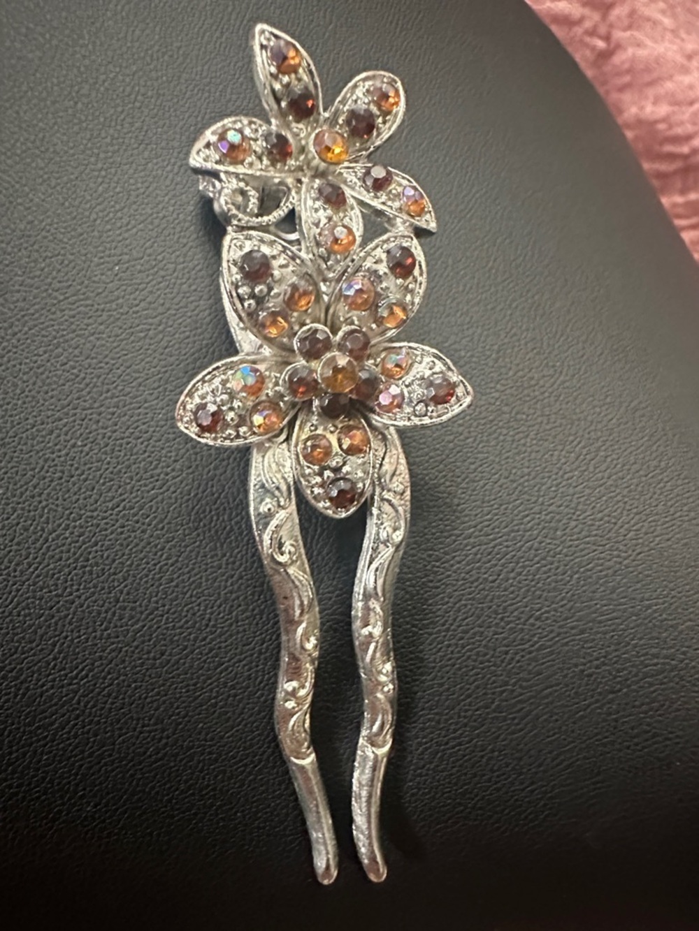 Vintage Silver Floral Rhinestone Hair Fork - Amber Accent